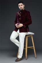 Load image into Gallery viewer, Wine Velvet Dragonfly Bandhgala Set
