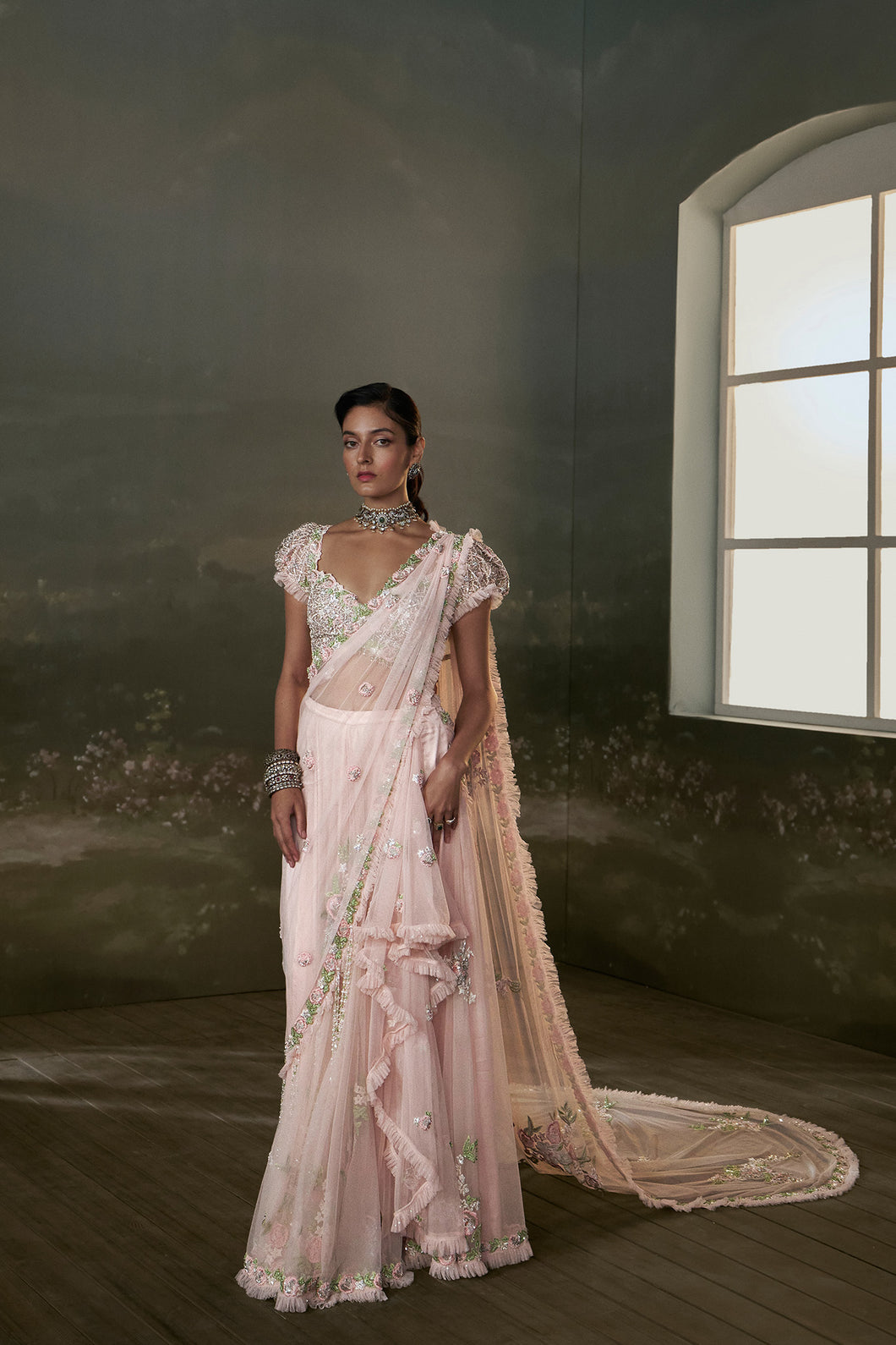 Rose Pink Pre-draped  Saree With Trail