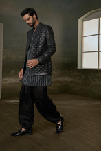 Load image into Gallery viewer, BLACK RAW SILK FULL SLEEVED JACKET WITH KURTA AND SALWAR

