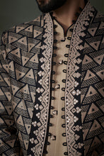 Load image into Gallery viewer, BEIGE AND BLACK PRINTED RAW SILK JACKET WITH BEIGE KURTA AND BLACK TROUSER
