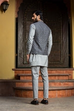 Load image into Gallery viewer, STEEL GREY  KURTA AND PANT WITH ALL OVER EMBROIDERED RAW SILK NEHRU JACKET
