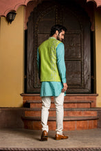 Load image into Gallery viewer, TURQ  KURTA WITH LIME RAW SILK JACKET AND  PANT
