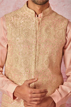 Load image into Gallery viewer, Cream Raw Silk Bundi with Salmon Pink Cotton Silk Kurta
