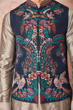 Load image into Gallery viewer, Grey Silk Kurta Bundi Set with Multicolor Resham Embroidery
