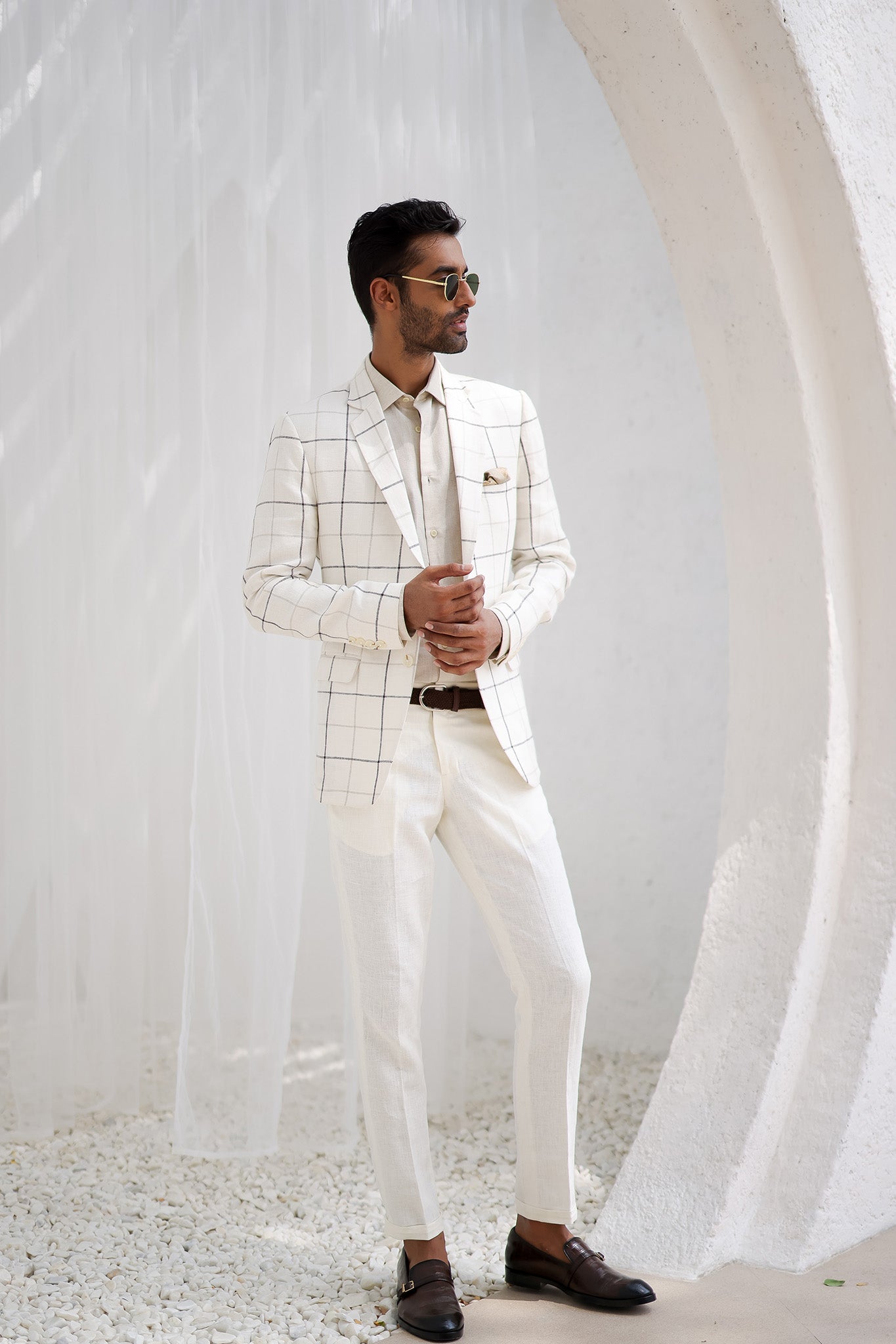 Porcelain White Windowpane Check Blazer Set