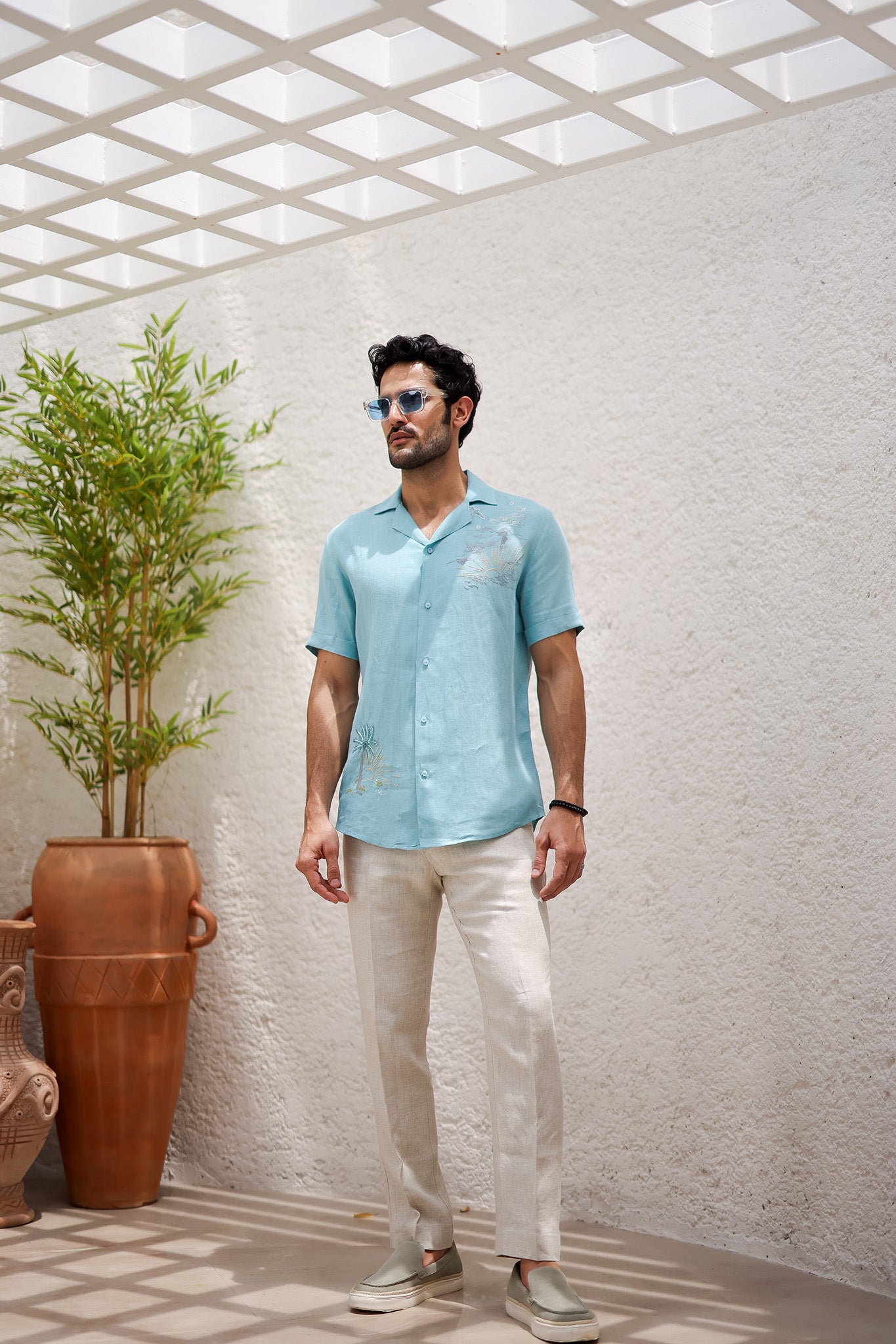 Sky Blue Cuban Embroidered Tropical Shirt
