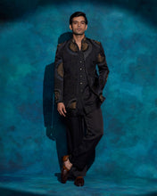 Load image into Gallery viewer, Black hand embroidered open bandhgala set
