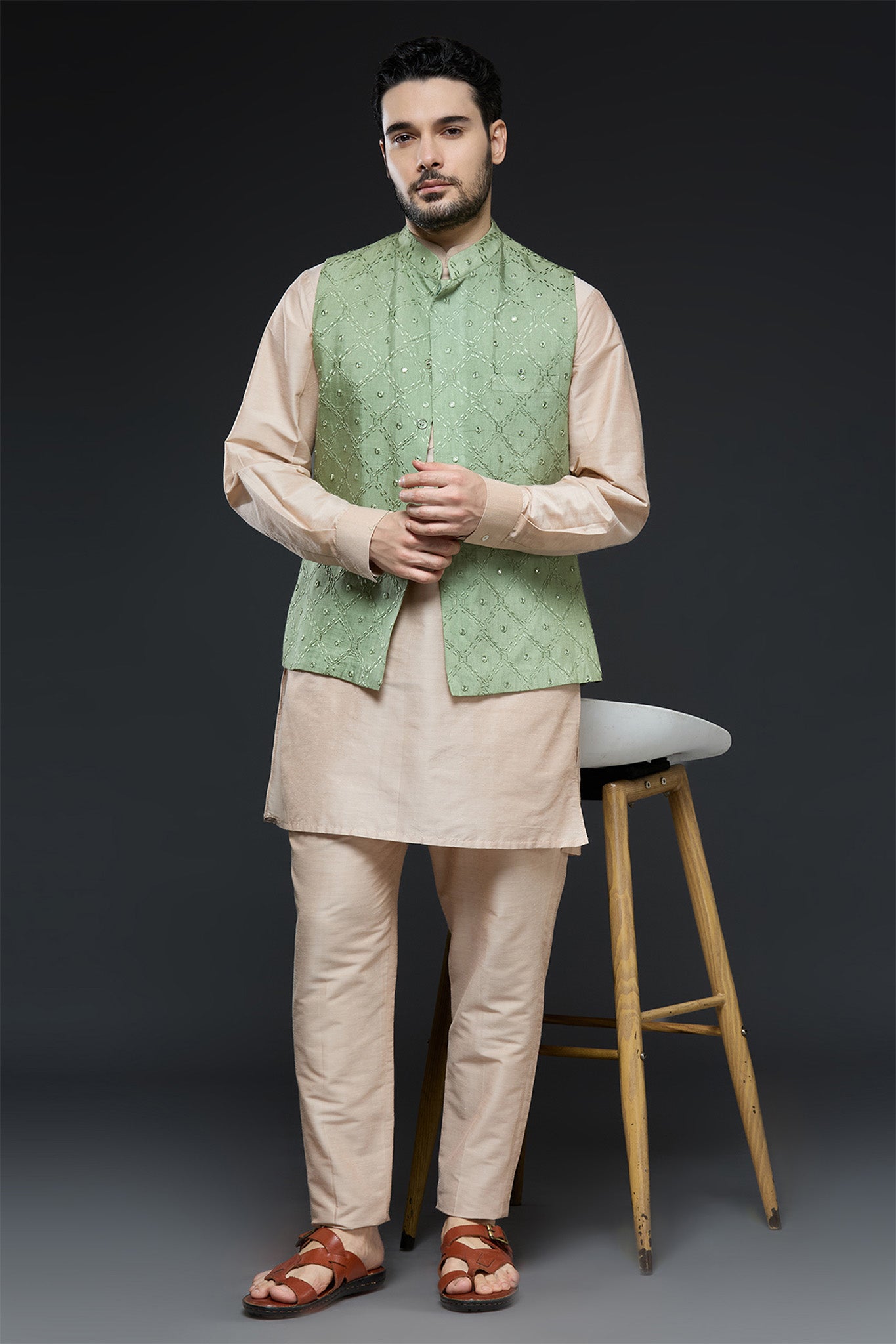 Beige and Sage Green Vest Set