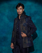 Load image into Gallery viewer, Midnight Blue Hand embroidered short jacket set
