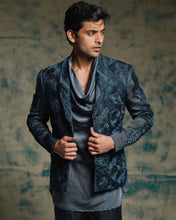 Load image into Gallery viewer, Charcoal Blue hand embroidered short jacket set
