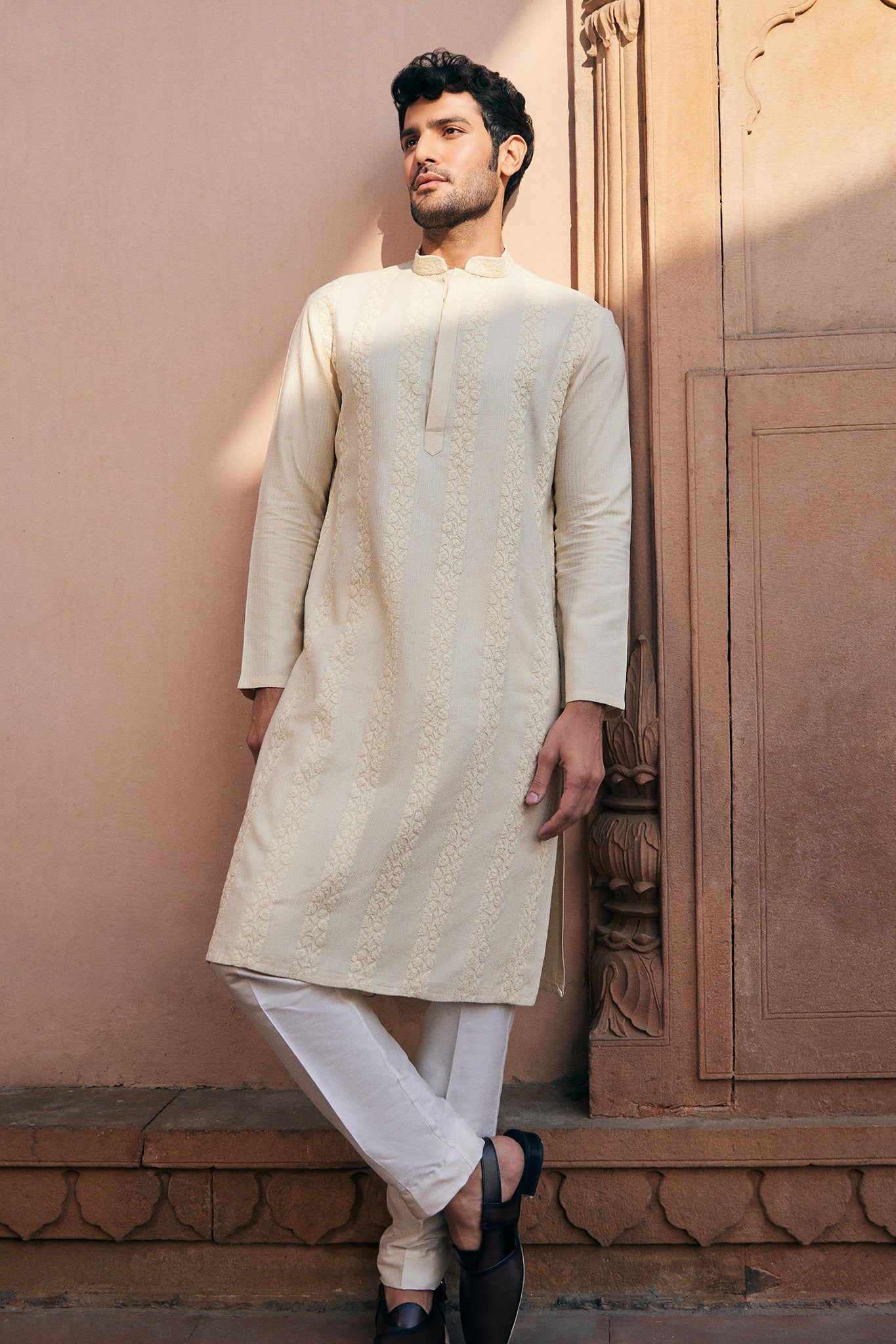 Beige Dori Embroidery Chanderi Silk Kurta 