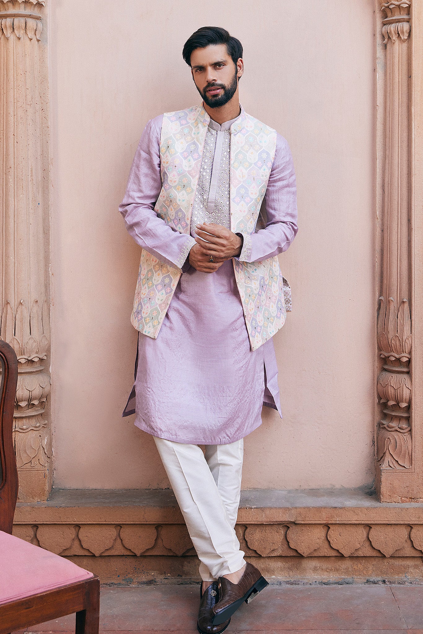 Lilac Mirror Embroidered Bundi Set