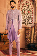 Load image into Gallery viewer, Lilac Embroidered Raw Silk Indowestern Set
