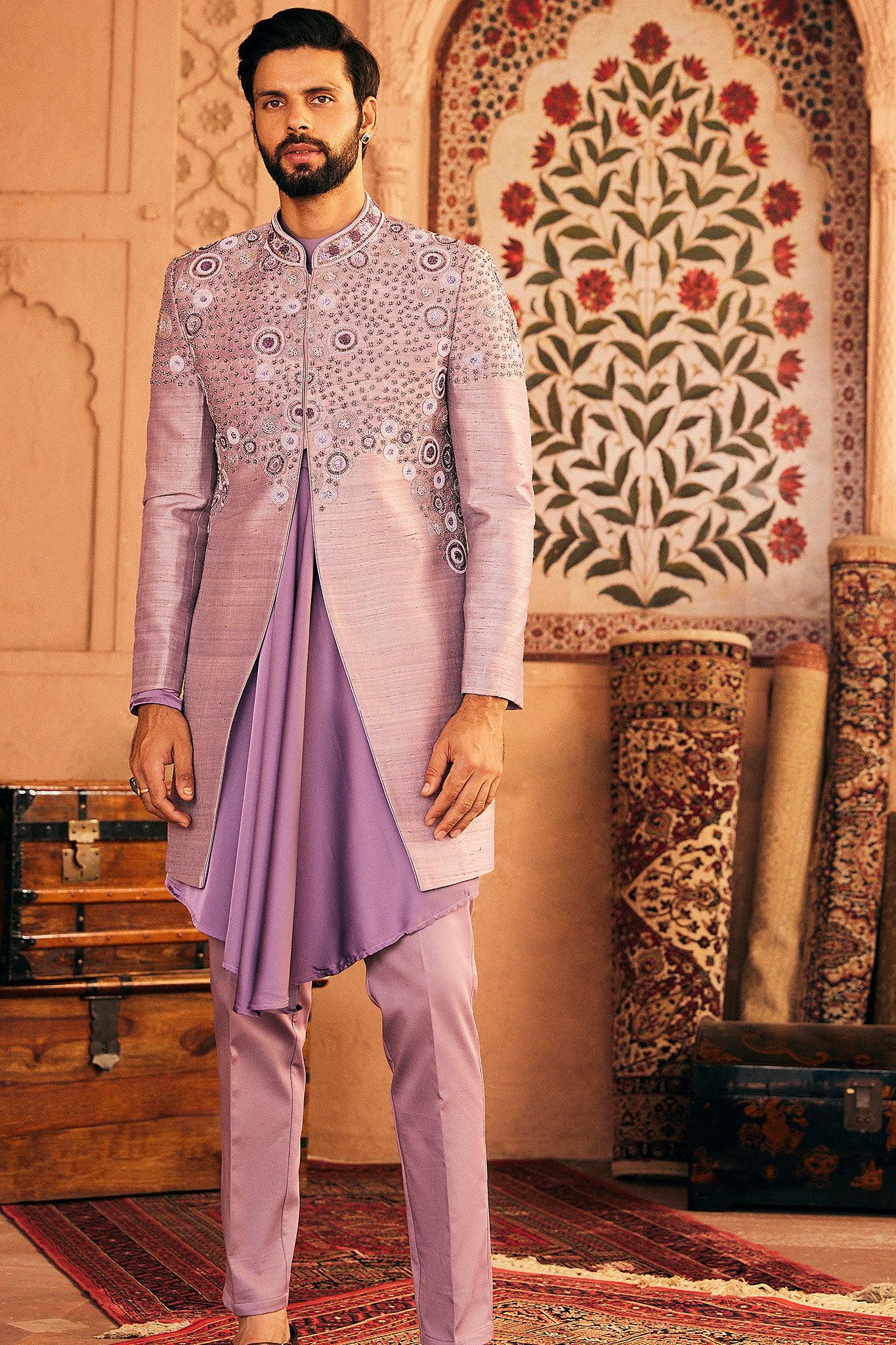 Lilac Embroidered Raw Silk Indowestern Set
