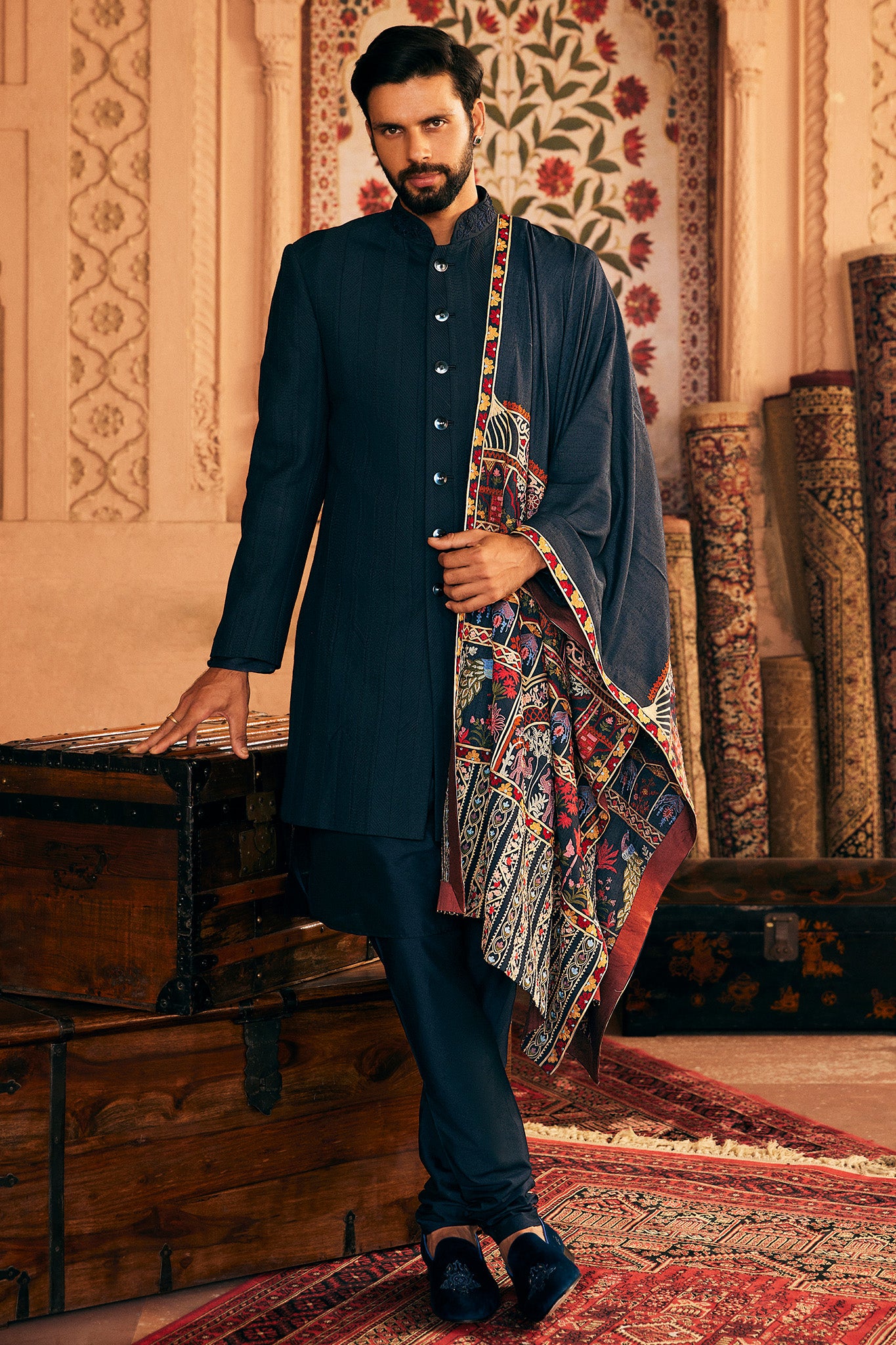 Hand-Picked Stitch: Navy Blue Indowestern with Patchwork Pintuck