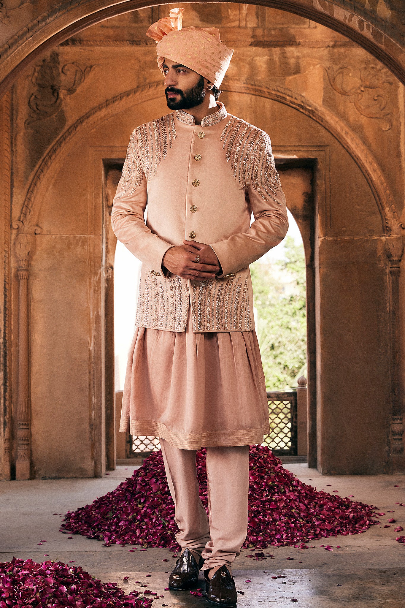 Beige Embroidered Bandhgala with Anarkali Kurta