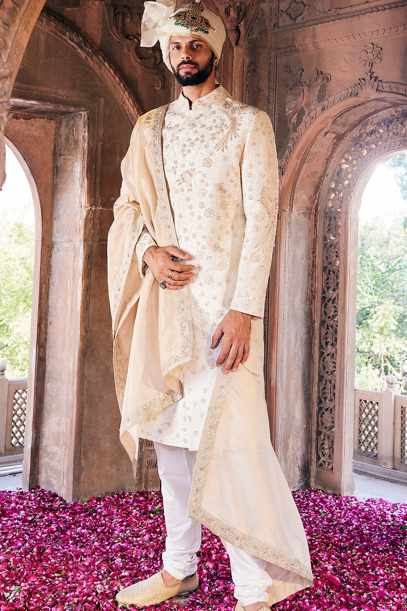 Cream Moti and Sequins Embroidered Sherwani