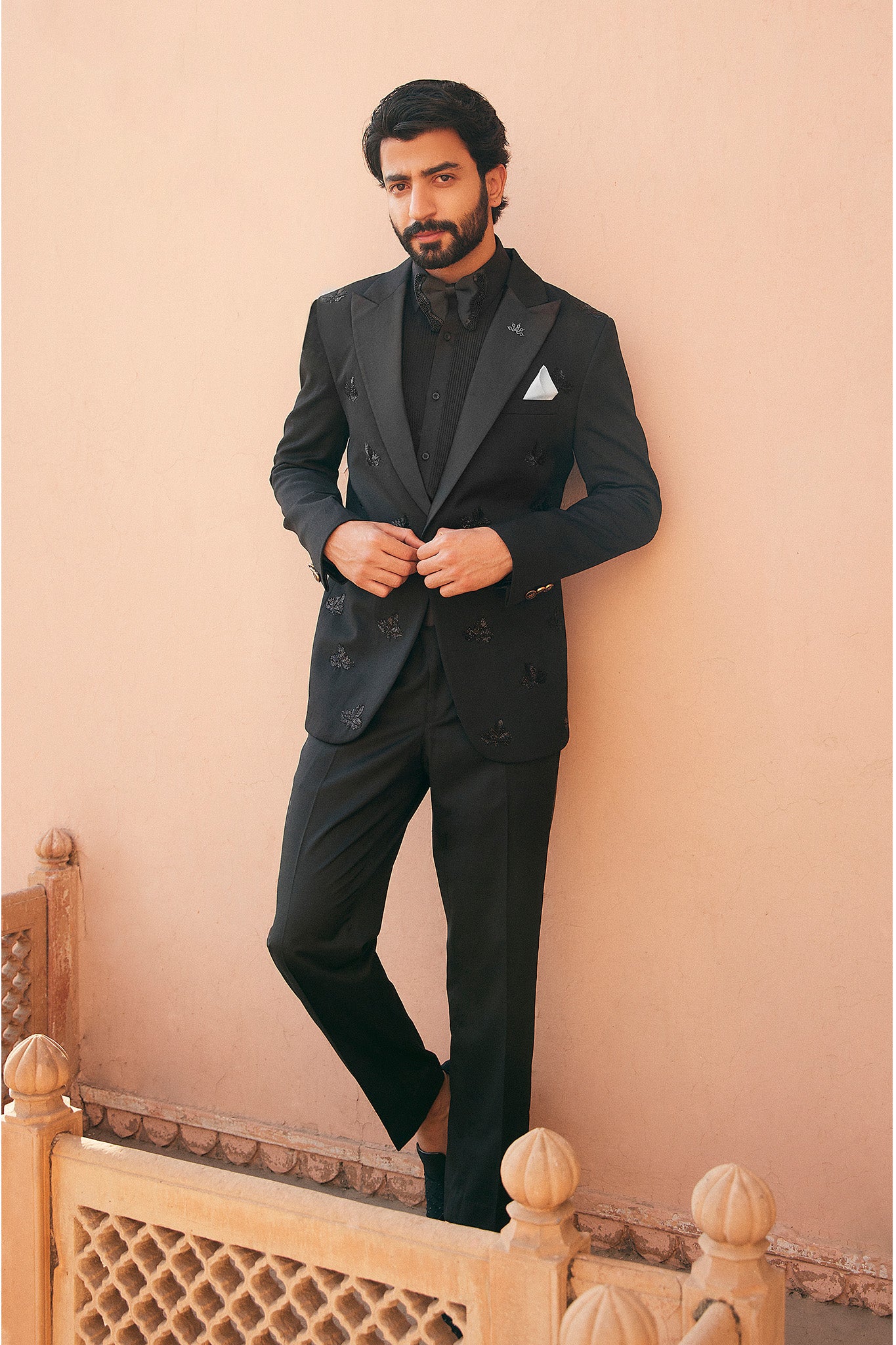 Nocturnal Sophistication: Black Tuxedo Suit with Katdana, Nalki, and Moti Motifs