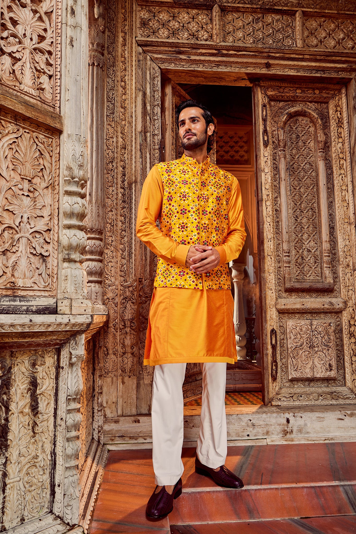 Haldi Raw Silk Mirror Embellished Bundi Set