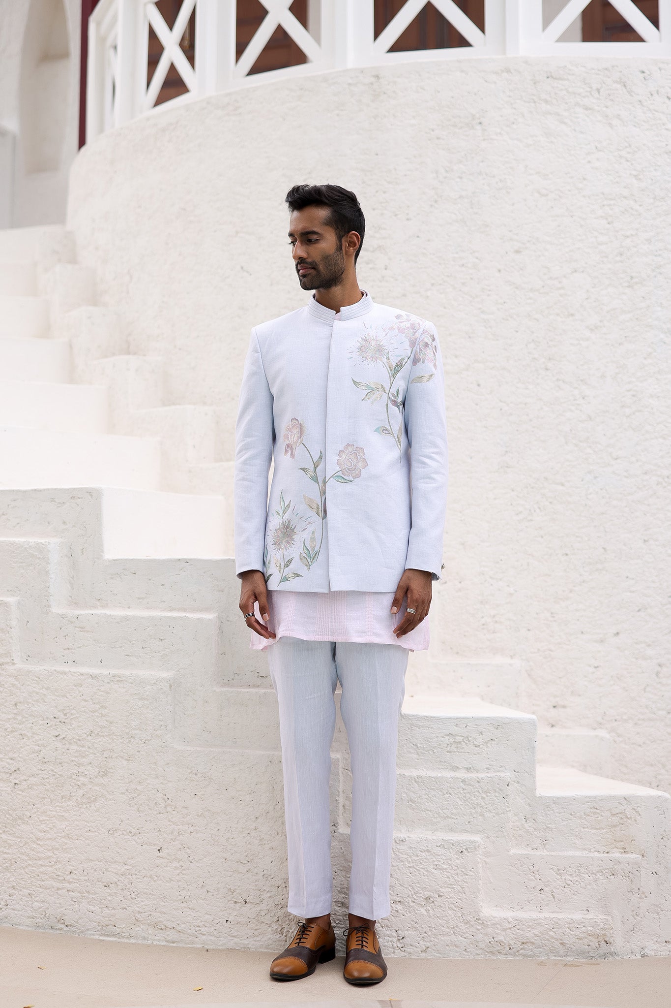 Sky Blue Floral Design Bandhgala with Pink Kurta