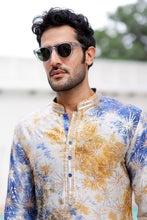 Load image into Gallery viewer, Mustard and Blue Tie-Dye Resham Embroidered Kurta
