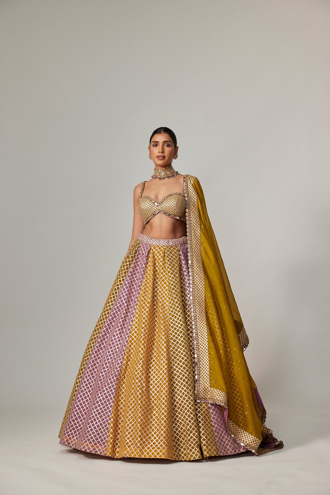 MUSTARD MULTICOLOR BIG CHECK LEHENGA SET
