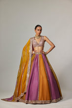 Load image into Gallery viewer, MUSTARD MULTICOLOR LINEAR LEHENGA WITH V NECK BLOUSE
