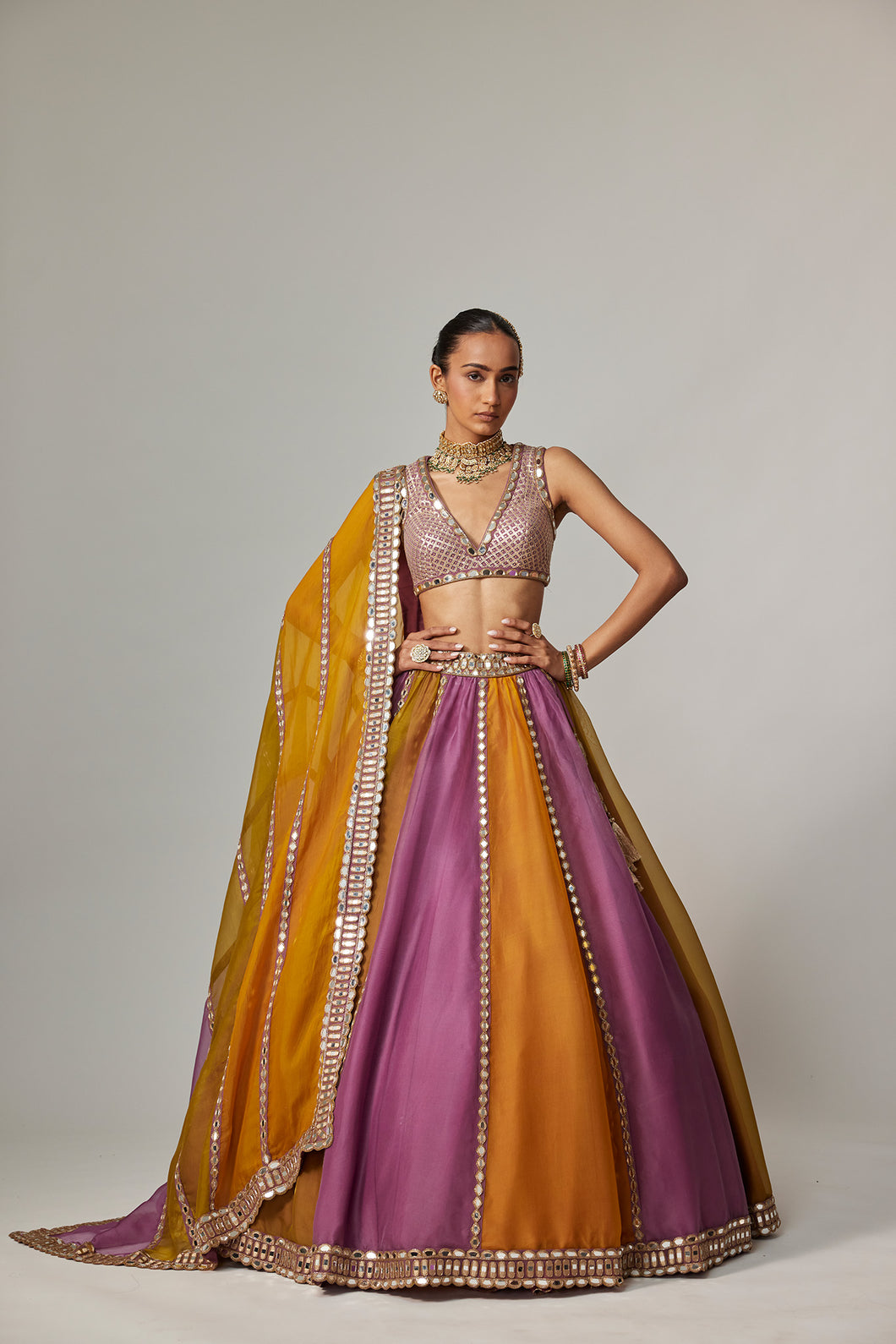 MUSTARD MULTICOLOR LINEAR LEHENGA WITH V NECK BLOUSE