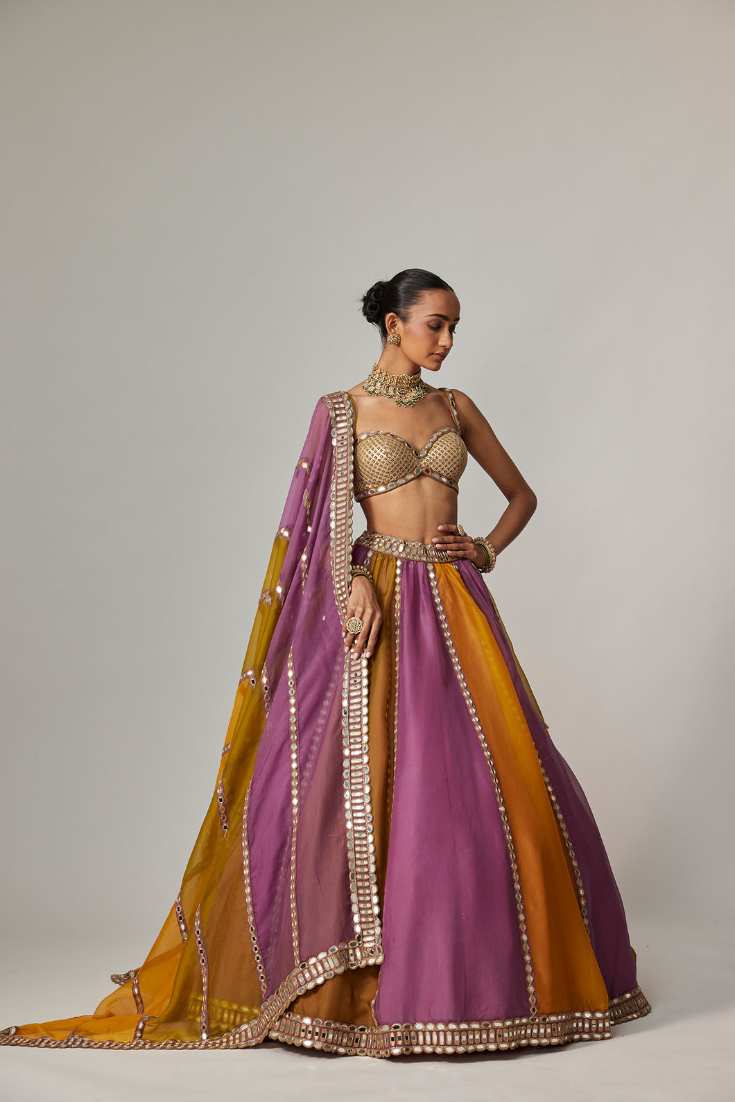 MUSTARD MULTICOLOR LINEAR LEHENGA WITH SWEETHEART NECK BLOUSE