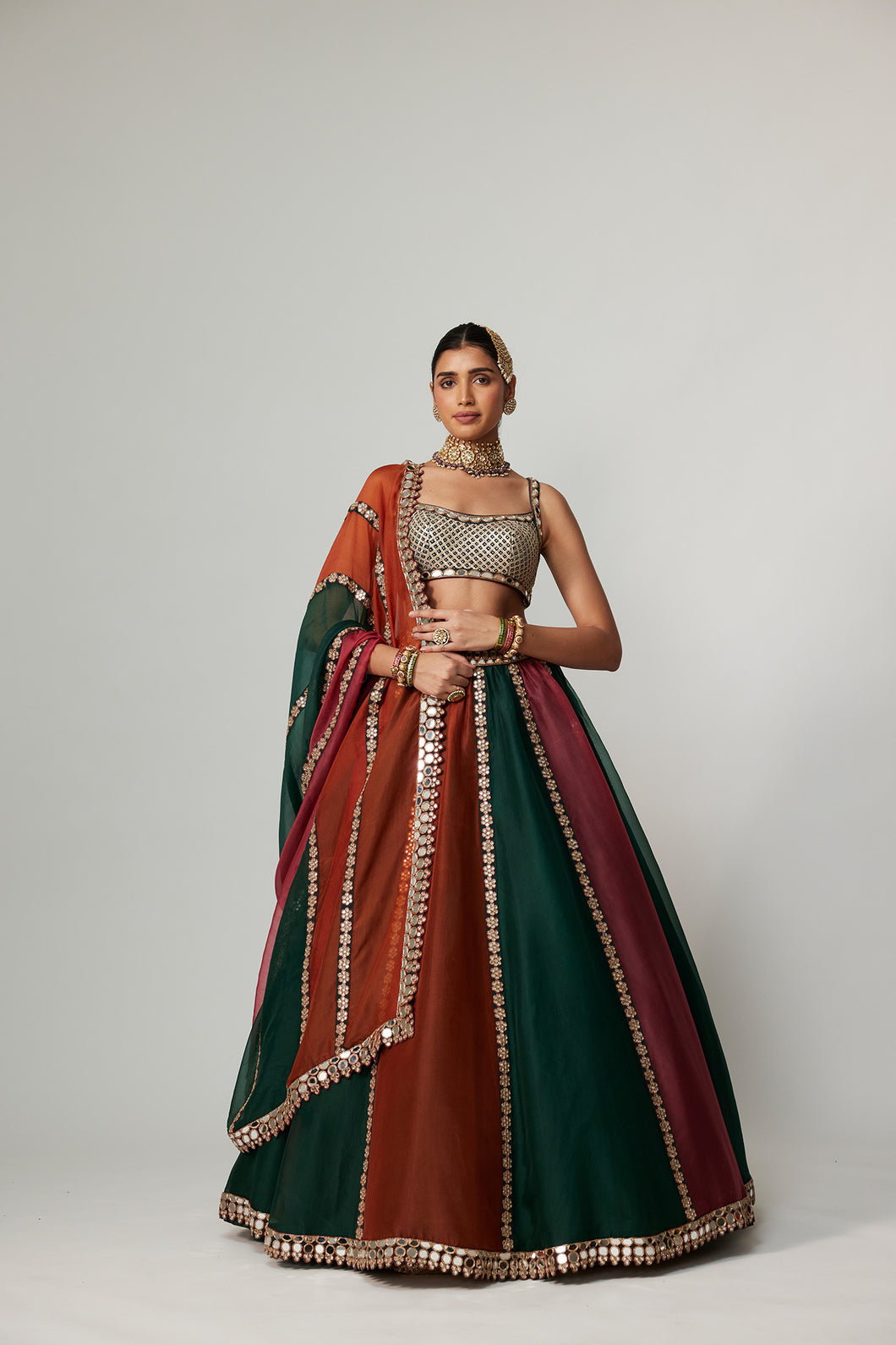 CRANBERRY MULTICOLOR LINEAR LEHENGA WITH SQUARE NECK BLOUSE