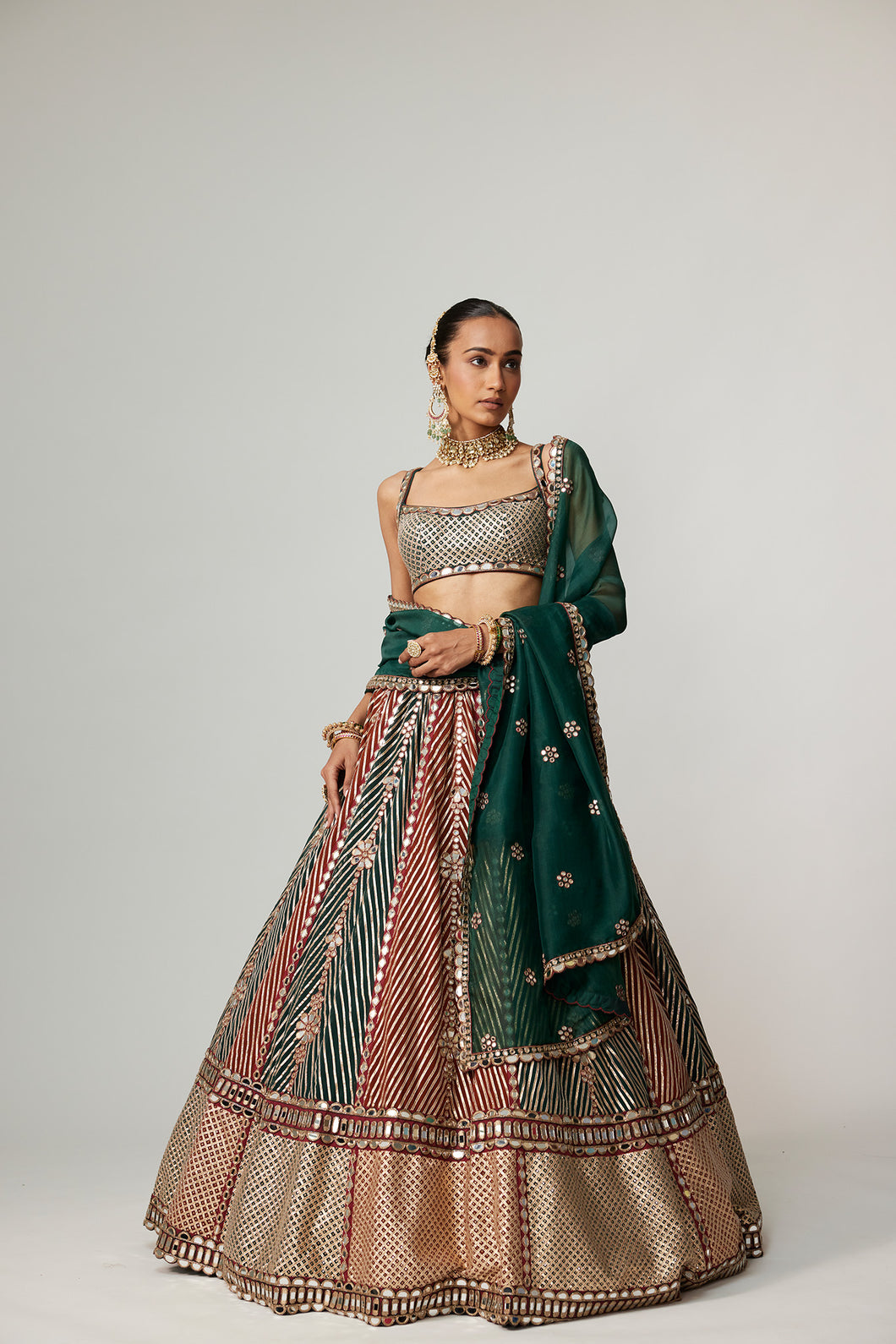 CRANBERRY MULTICOLOR LINEAR FLOWER LEHENGA SET WITH SQUARE NECK BLOUSE