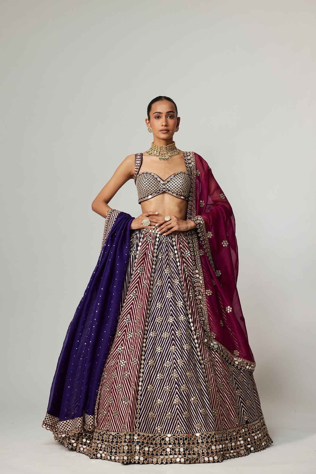 TEAL WINE MULTICOLOR LEHENGA SET WITH DOUBLE DUPATTA