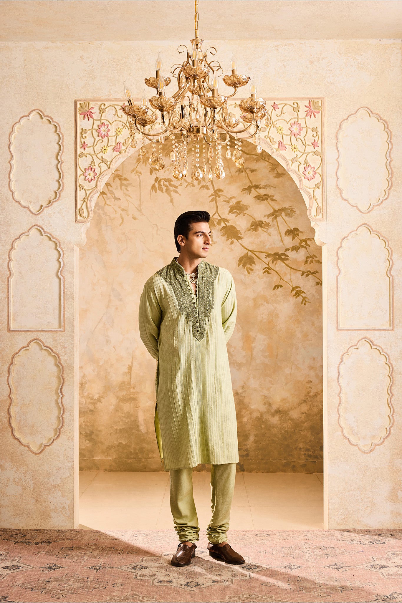 EMBROIDERED SAGE GREEN PINTUCKED KURTA WITH CHURIDAR