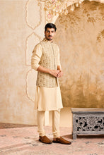 Load image into Gallery viewer, EMBROIDERED BEIGE BUNDI  JACKET WITH KURTA AND CHURIDAR

