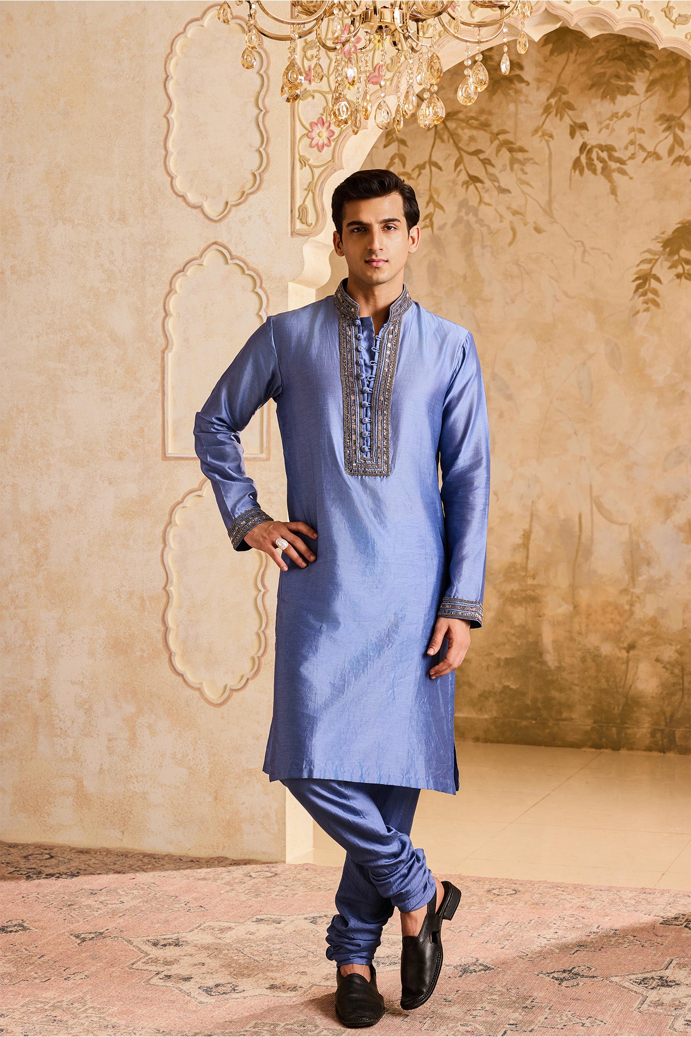 EMBROIDRED BLUE GREY KURTA CHURIDAR