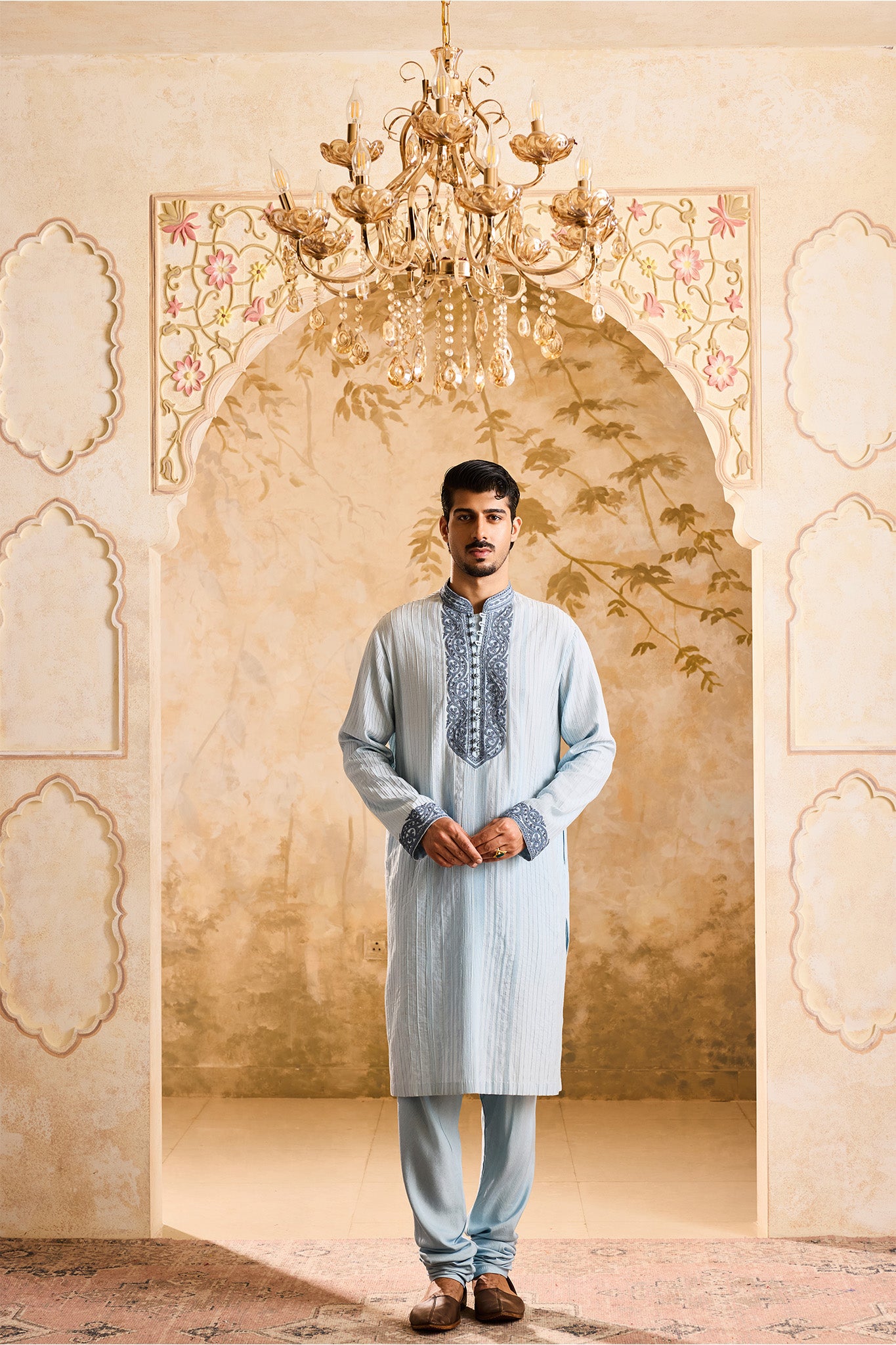 EMBROIDERED LIGHT BLUE PINTUCKED KURTA WITH CHURIDAR