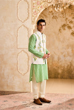Load image into Gallery viewer, IVORY 3-D EMBROIDERED FLORAL WORK BUNDI WITH JADE KURTA CHURIDAR
