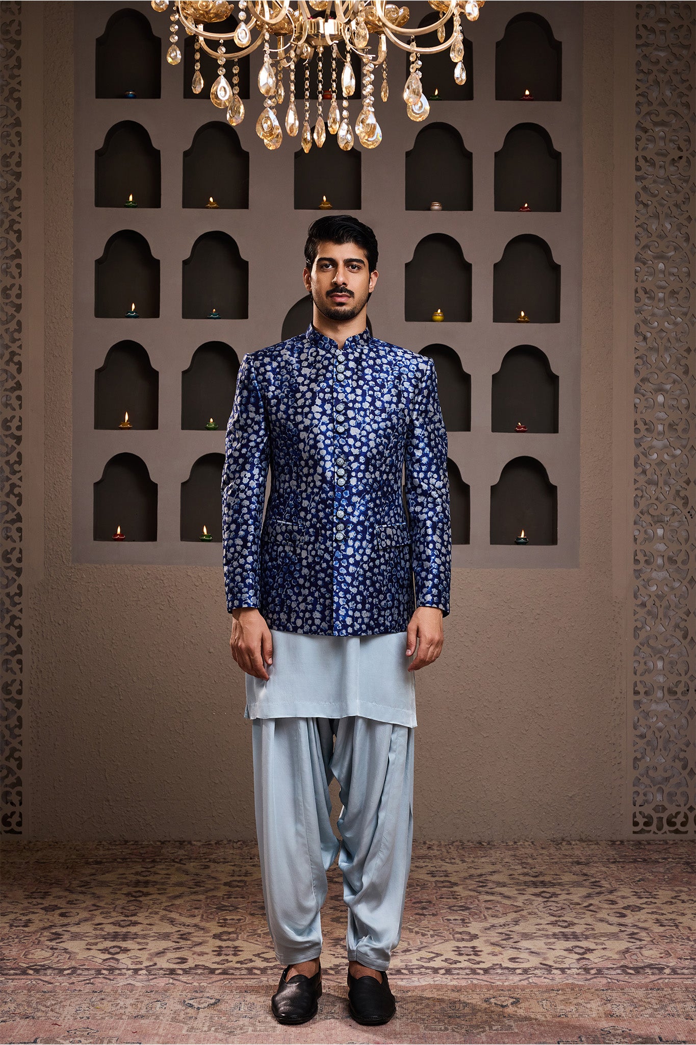 INDIGO PRNTED SHORT JACKET KURTA PATIYALA SALWAR