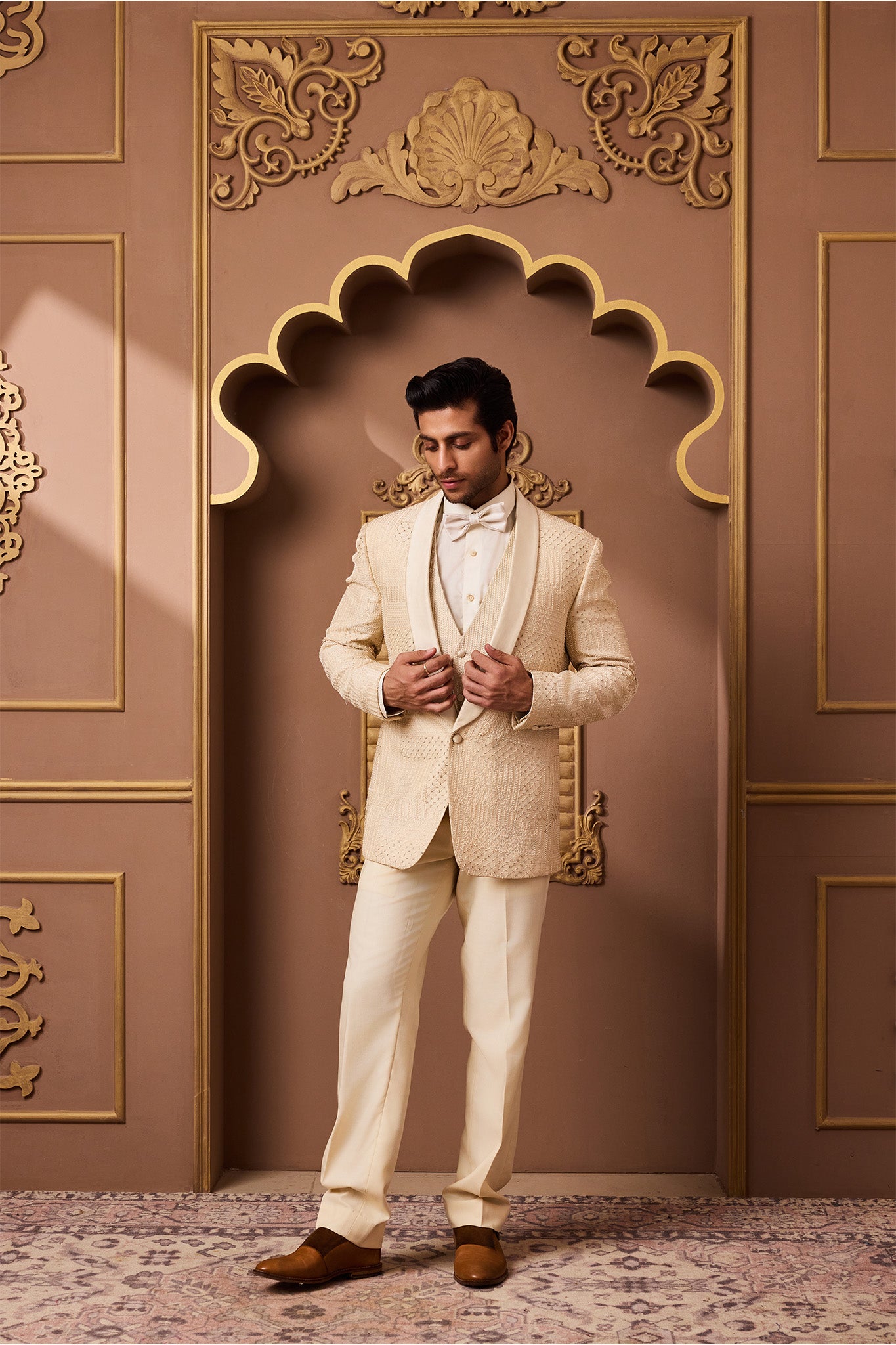 BEIGE TUXEDO JACKET, WAISTCOAT AND  PANT