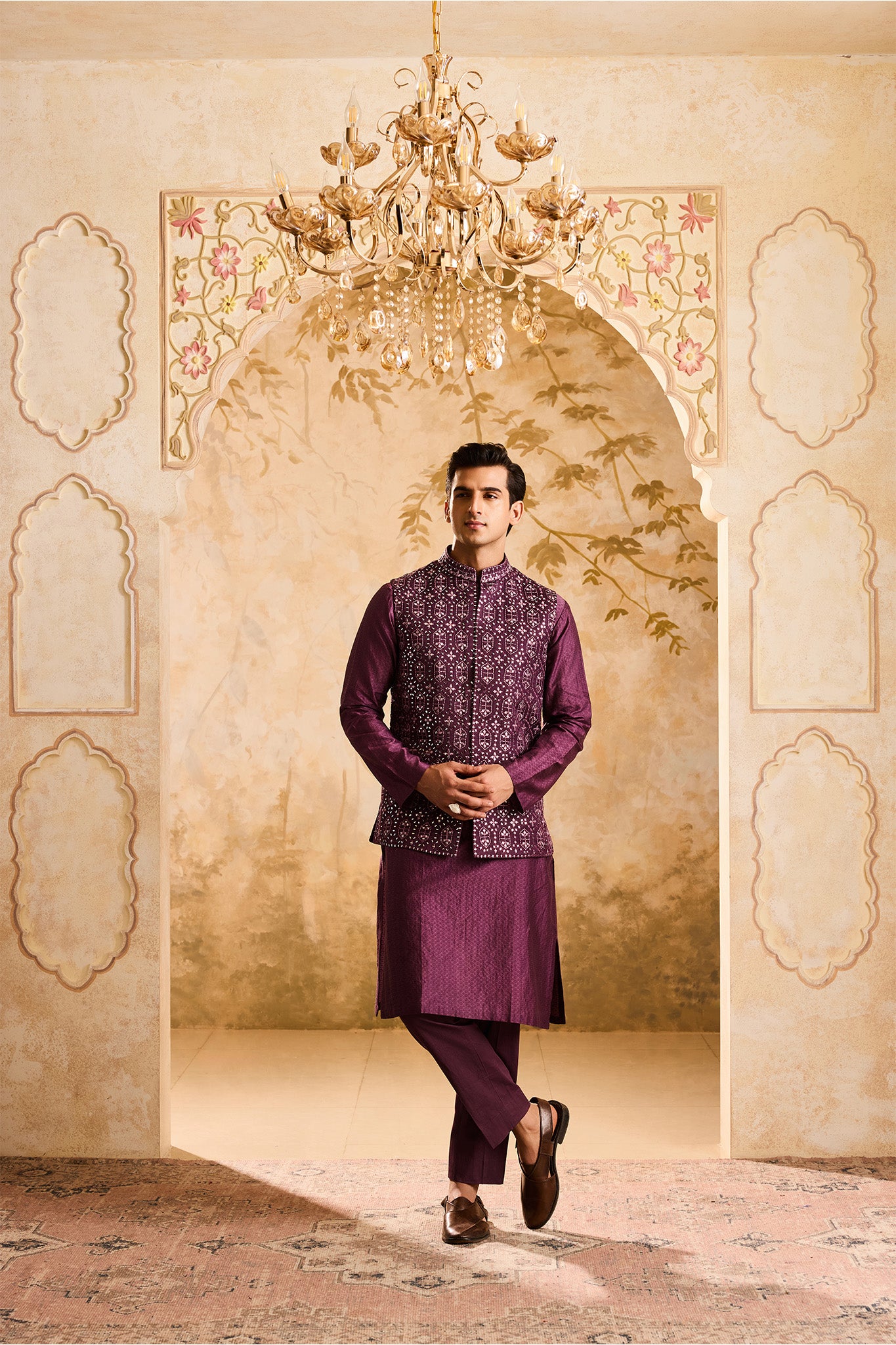 EMBROIDERED WINE MIRRORWORK BUNDI JACKET WITH KURTA AND PANT
