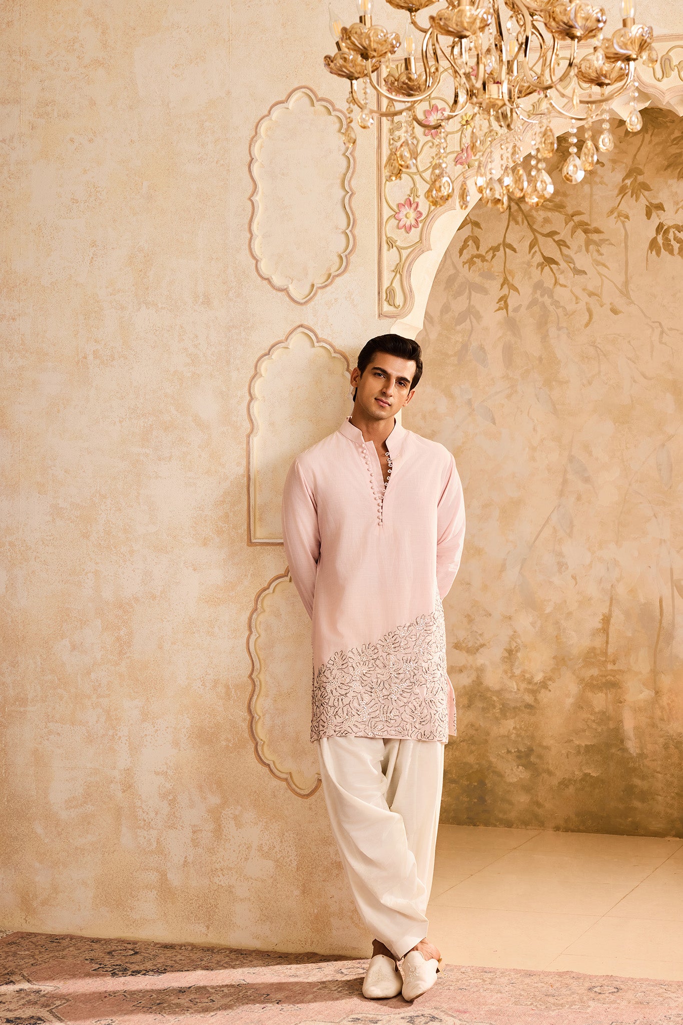 EMBROIDERED PINK APPLIQUE WORK KURTA WITH SALWAR