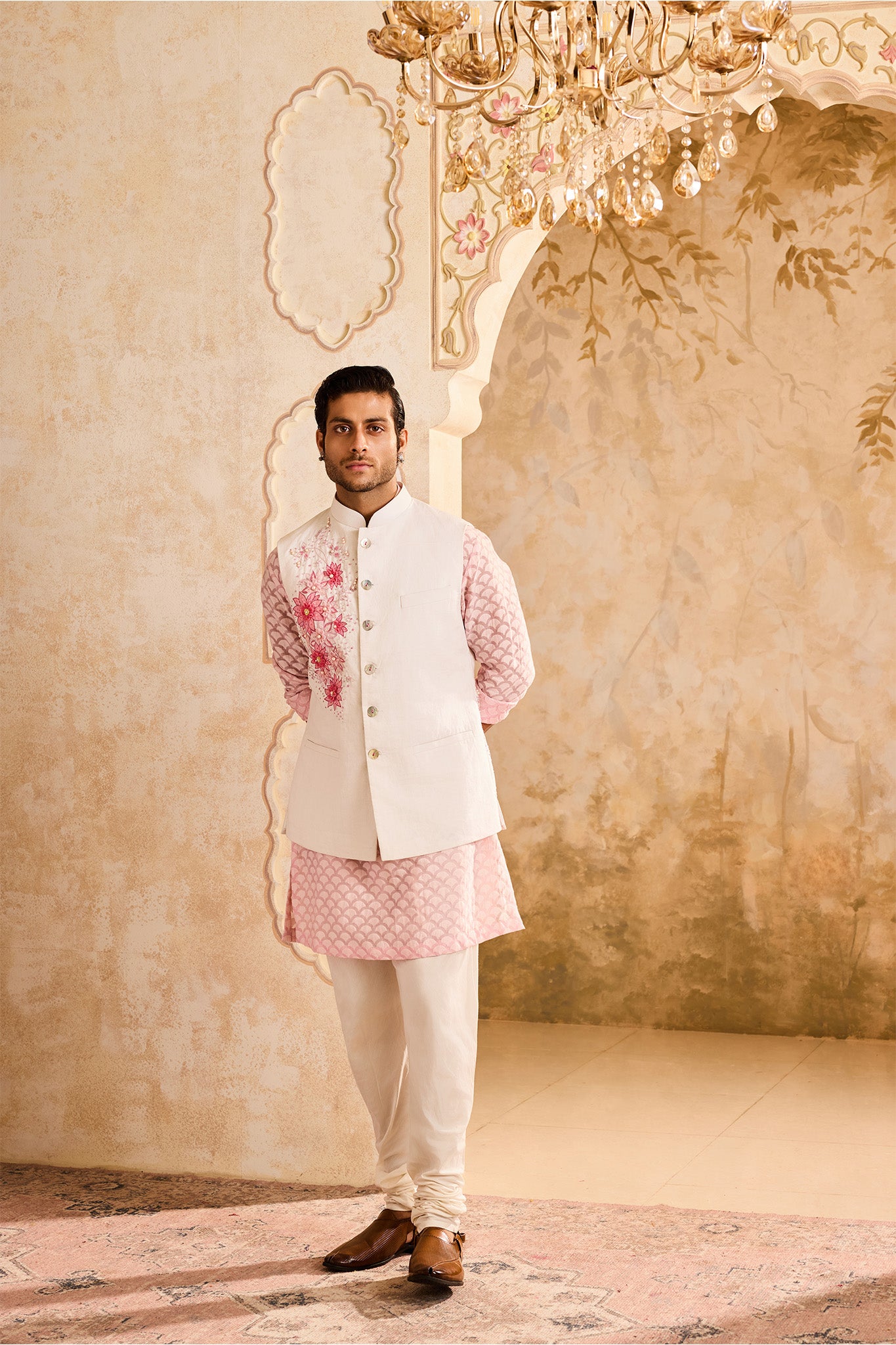 IVORY FLORAL BUNDI PINK KURTA CHURIDAR