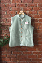 Load image into Gallery viewer, Creme Kurta and Pant with Sage Green Raw Silk Vest
