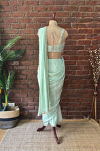 Load image into Gallery viewer, Mint Pre-draped saree with mirror work blouse
