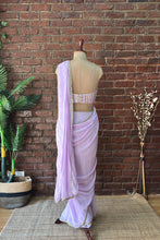 Load image into Gallery viewer, Lavender Pre-draped saree with mirror work blouse
