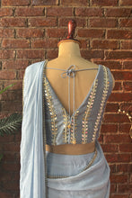 Load image into Gallery viewer, Dusty Blue Pre-draped saree with mirror work blouse

