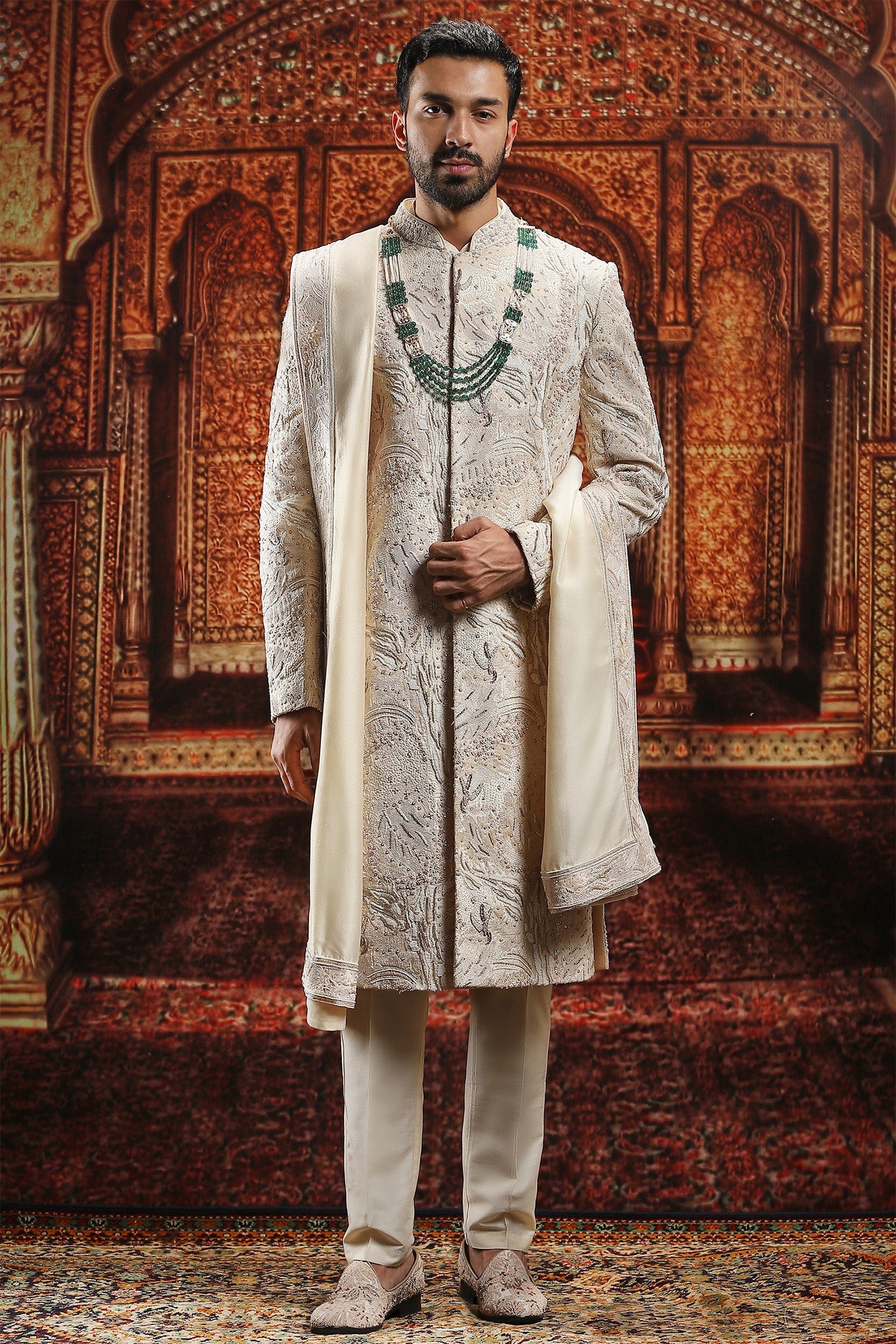 Beige Raw Silk moti Embroidered sherwani