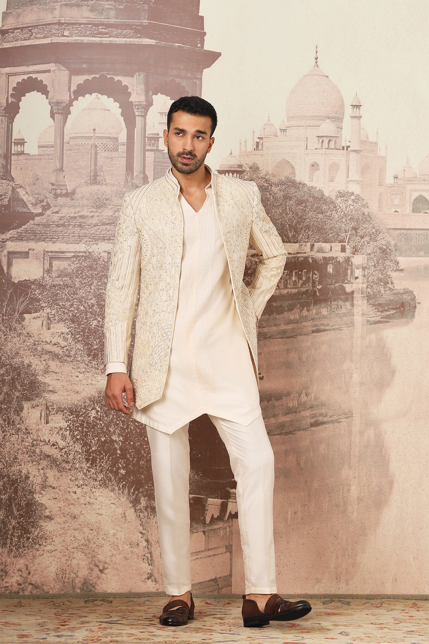 Ivory Heritage Open Embroidered Indowestern Set