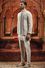 Load image into Gallery viewer, Beige Velvet Bandhgala with Asymmetrical Kurta
