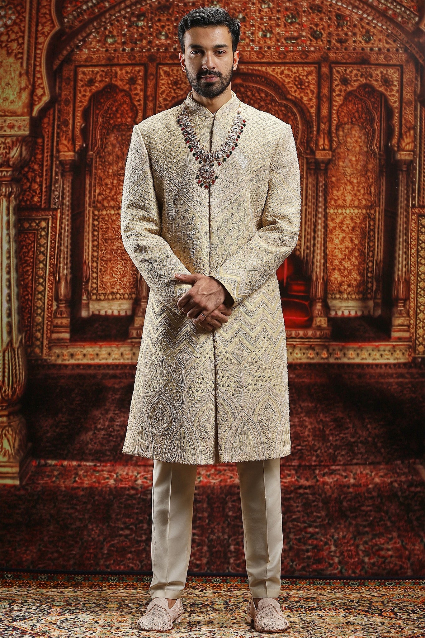 Gold Silk Sherwani with Dori Embroidery